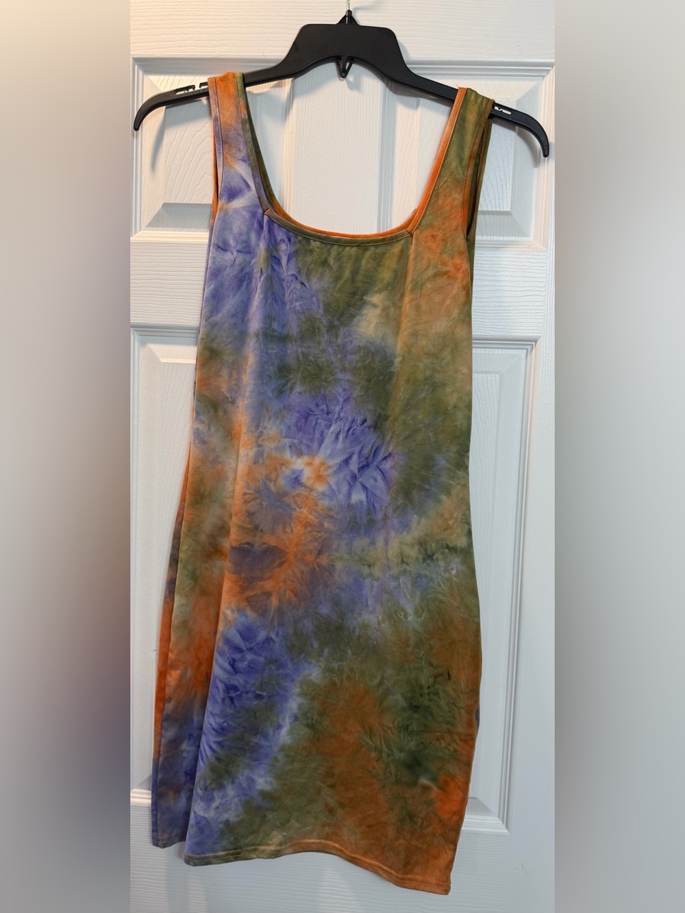 Tie-Dye Scoop Neck Dress in Blue & Olive Green with Orange Accents